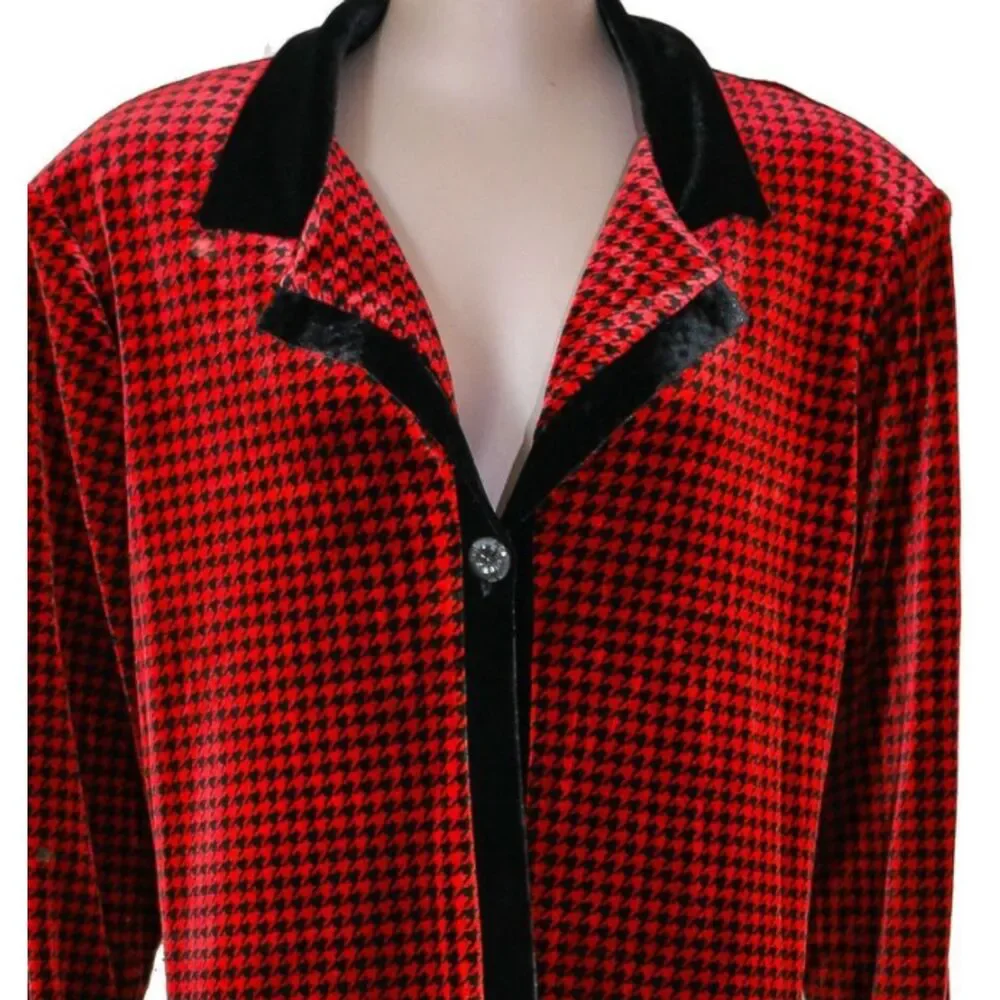 Cold Water Creek Velvet Houndstooth Duster Coat Red Black Vintage Size L